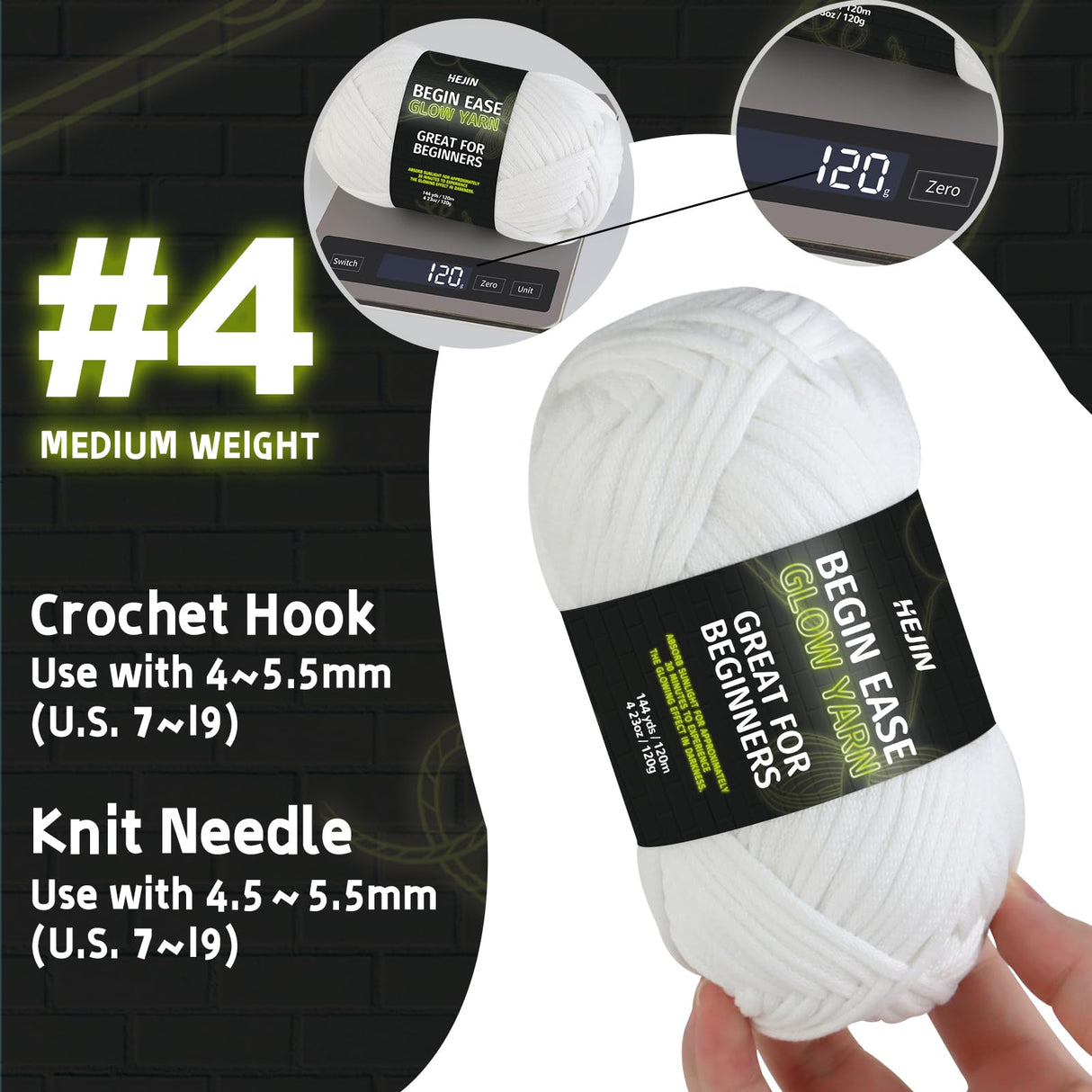 120g Glow in The Dark Yarn for Crocheting and Knitting; 120m(144yds) Yarn for Beginners with Easy-to-See Stitches; Worsted-Weight Medium #4; Yarn for Beginners Crochet Kit Making HEJIN