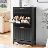 HUSHEDIFY 2 Flip Drawers Shoe Cabinet Storage for Entryway, Narrow Hidden Shoes Organizer for Front Door Entrance, Free Standing Shoes Cabinet Wooden Hallway Shoe Rack(Black) HUSHEDIFY