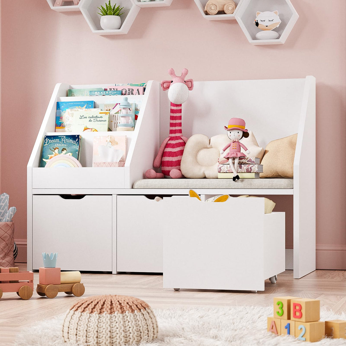 40" Kids Reading Nook with Bench, Toy Storage Organizer and Bookshelf with Seat Cushion, Kids Bookshelf with 3 Movable Drawers, Toy Storage Box on Wheels, Ideal for Nursery, Playroom, Bedroom, White Teckid
