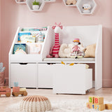 40" Kids Reading Nook with Bench, Toy Storage Organizer and Bookshelf with Seat Cushion, Kids Bookshelf with 3 Movable Drawers, Toy Storage Box on Wheels, Ideal for Nursery, Playroom, Bedroom, White Teckid