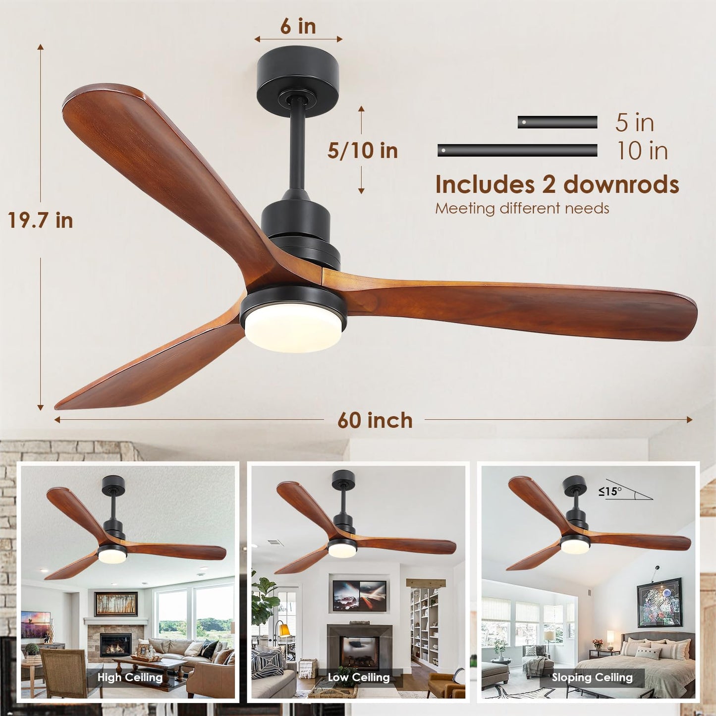 60" Wood Ceiling Fan with Lights and Remote - Outdoor Ceiling Fan for Covered Patios with 3 Walnut Wood Blades, Modern Farmhouse Ceiling Fan Light Fixture for Indoor/Outdoor