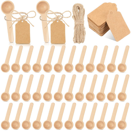 Baderke 50 Sets 3 Inch Mini Wooden Spoons Small Wooden Spoons Disposable Small Spoons for Spice Jars Wood Spoons with Tags and Twine Condiments Honey Sugar Kitchen Cooking Oil Tea Coffee Baderke