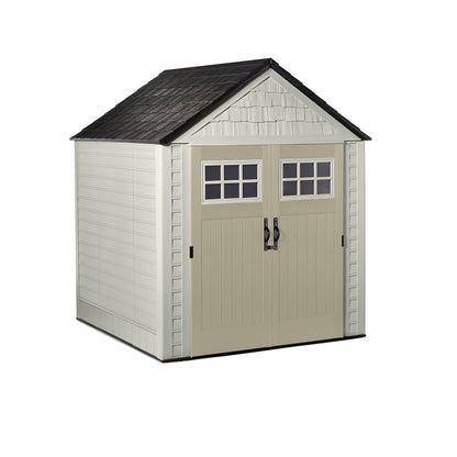 Rubbermaid Resin Outdoor Storage Shed With Floor (7 x 7 Ft), Weather Resistant, Beige/Brown, Organization for Home/Backyard/Garden Tools/Lawn Mower/Bike Storage/Pool Supplies - WoodArtSupply