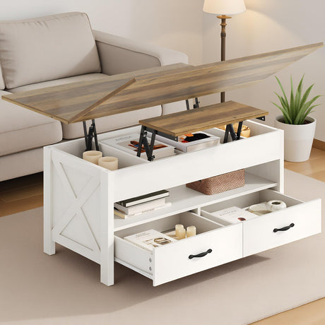 Amada Lift Top Coffee Table, 4 in 1 Convertible Coffee Table with Drawers and Hidden Compartment, Expandable Center Table Converts to Dining Table for Living Room, White & Oak AMADA HOMEFURNISHING