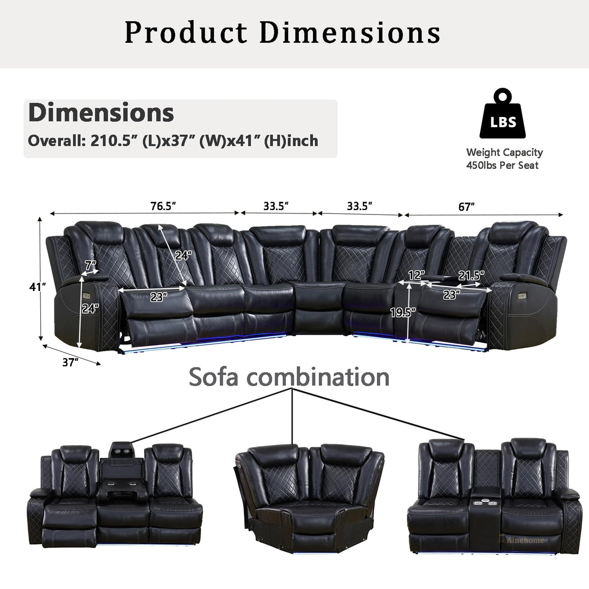 A Ainehome Black Leather Power Reclining Sectional Sofa with LED, Power Recliner Sectional Couch with Recliner Living Room Set with USB Port&Read Light for Living Room A Ainehome