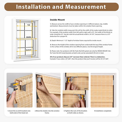 LazBlinds Cordless Custom Light Filtering Bamboo Roman Shades - Brown, No Tools or Drilling Required