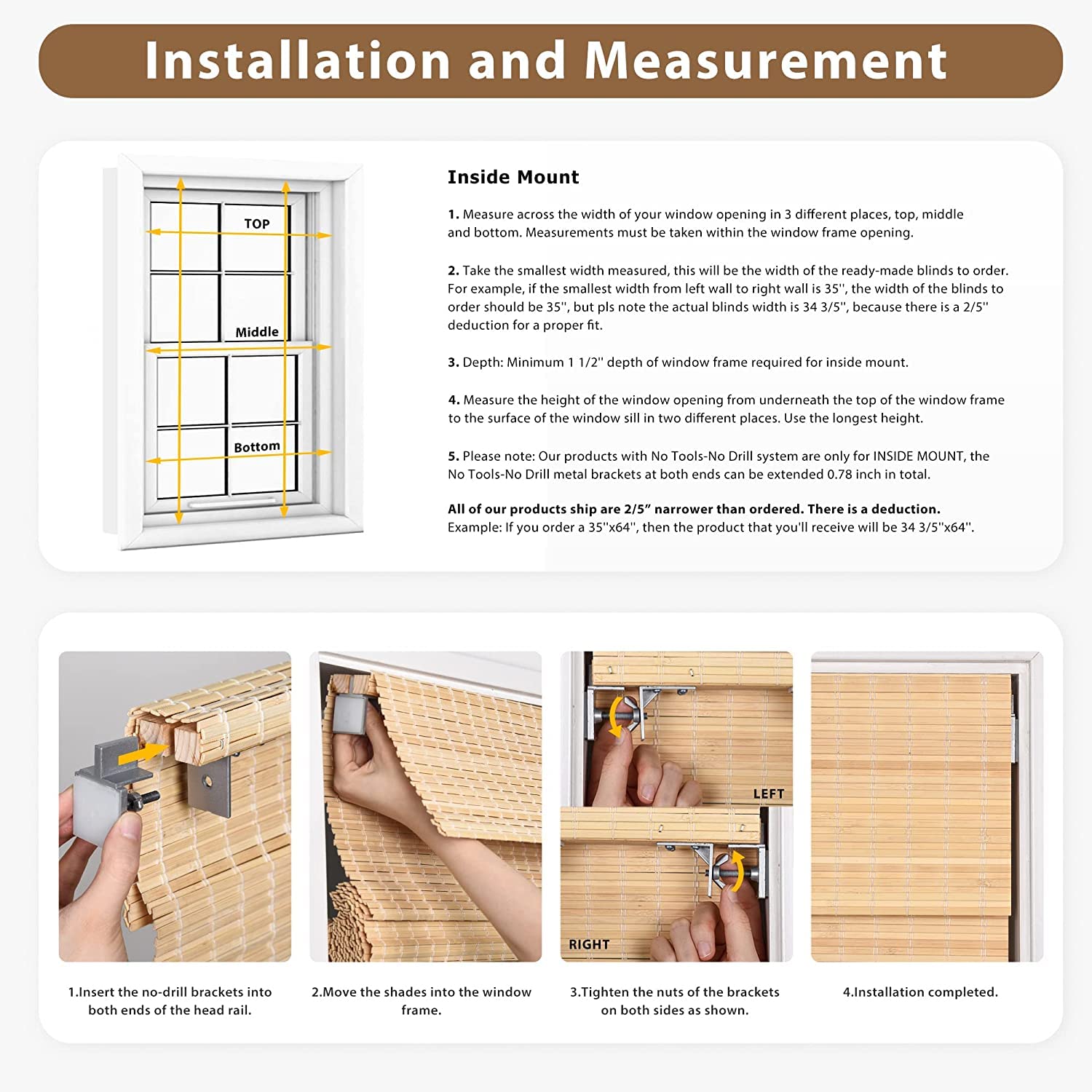 LazBlinds Cordless Bamboo Roman Shades - Driftwood Privacy Blinds for Easy Installation - WoodArtSupply