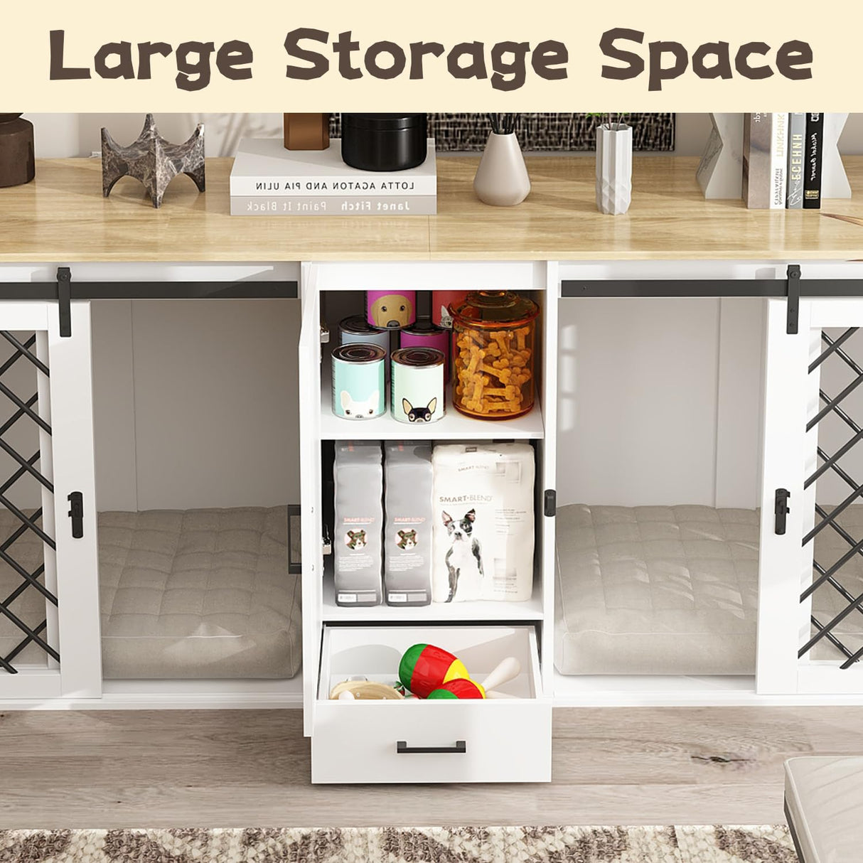 DAWNSPACES Furniture Dog Crate,81.5" Heavy Duty Wooden Dog Cage Kennel with a Storage Drawer, Shelves,Sliding Doors,Indoor Furniture Style Dog Crate Table,Dog House for Medium Dogs,White DAWNSPACES