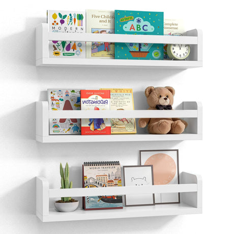 Lizgaho Floating Wall Nursery Book Shelves for Bedrooms Kids 16.5 Inch White Wooden Baby Book Shelf for Kids Rooms Set of 3 Nursery Shelves for Wall Mounted Toddler Bookshelf for Kids Wall Lizgaho