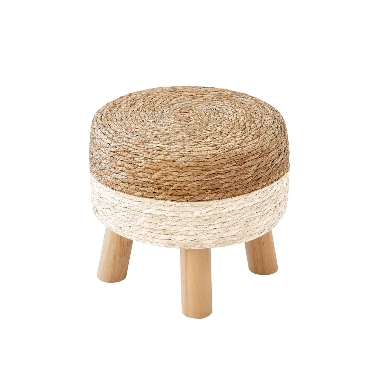 ALeesing Round Ottoman, Natural Seagrass Footstool with 4 Wood Legs, Multifunctional Modern Dressing Stool and Sofa Side Table for Bedroom (White) ALeesing