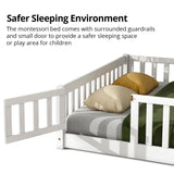 Durable Montessori Full Floor Bed with Safety Fence & Door for Kids in White LLS