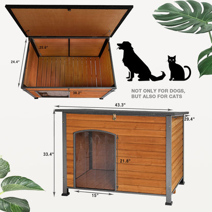 Dog House Outdoor Insulated Dog House for Small Medium Large Dogs, Natural Wood with Iron Frame, Waterproof Roof Raised Feet