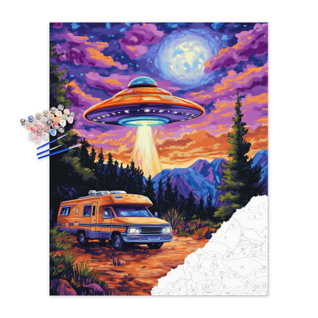 UFO Paint by Number, Funny Paint by Numbers Kit for Adults, Motorhome Poster Wall Art, Fantasy Acrylic Painting, Mountain Trees Landscape Home Wall Decor(16x20inch, Unframed) zouewit
