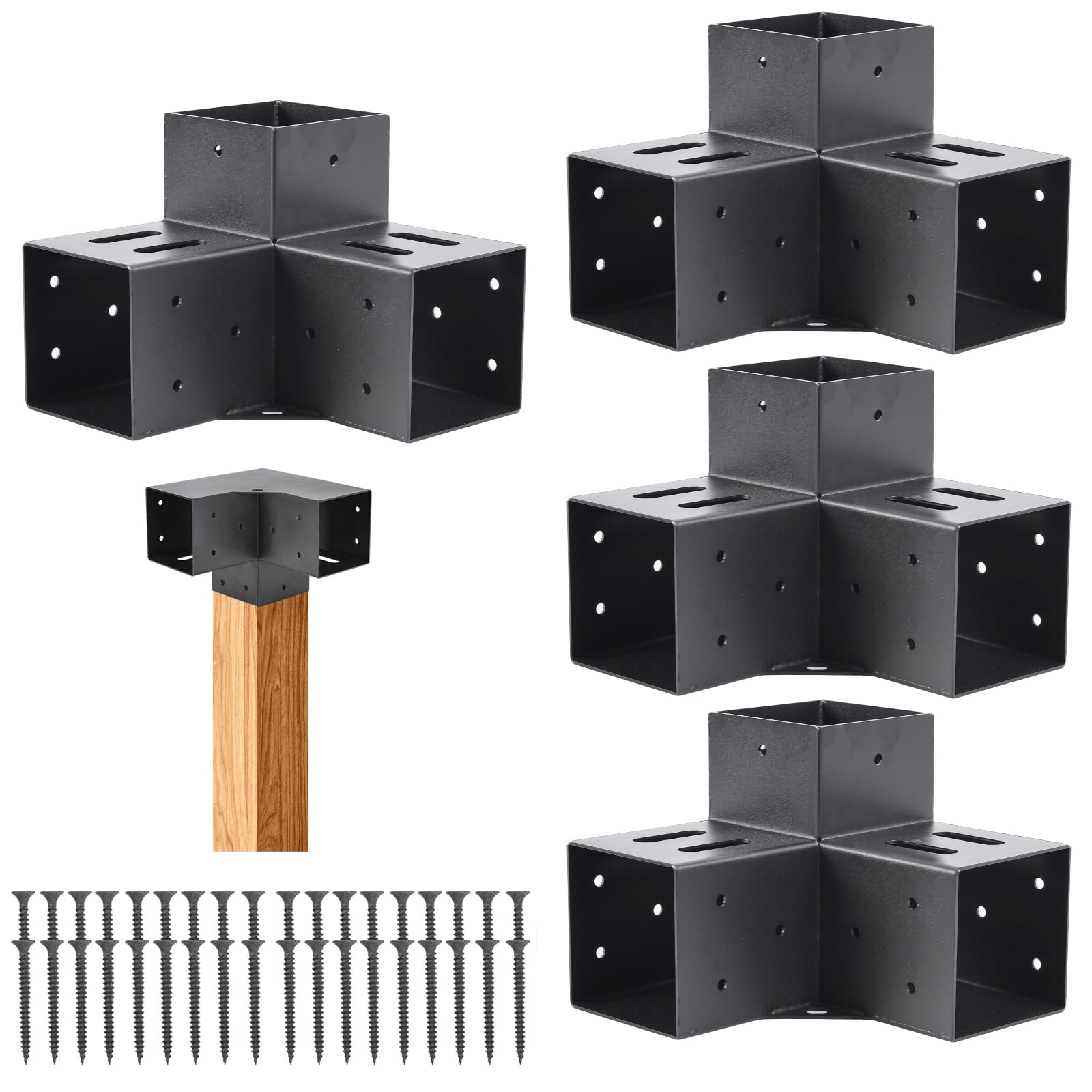 4 Pcs Pergola Bracket，Pergola Kit 3-Way Right Angle Corner Bracket with Black Powder Coated,Woodwork DIY Pergola Kit & Post Base Brackets for Gazebos, Patio Pergolas(Actual: 3.5"x3.5") - WoodArtSupply