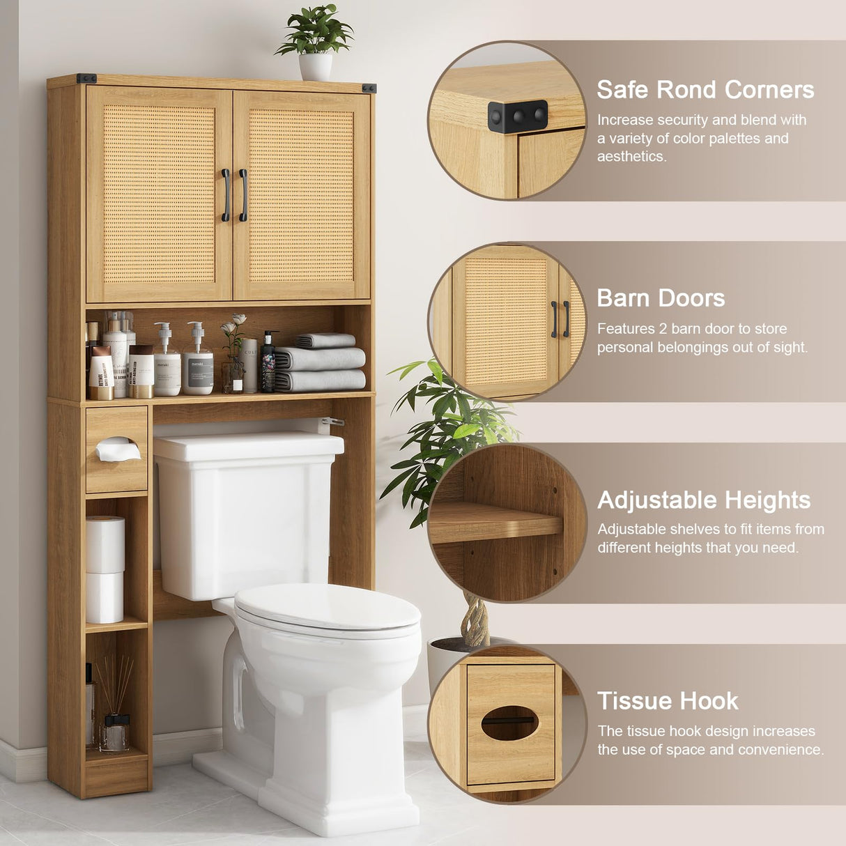 Over The Toilet Storage Cabinet, Farmhouse Rattan Storage Cabinet Over Toilet with 2 Rattan Barn Doors & Home Space-Saving Toilet Rack, for Bathroom, Restroom, Laundry Vabches