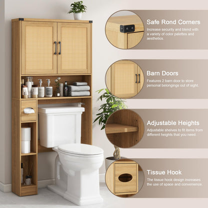 Over The Toilet Storage Cabinet, Farmhouse Rattan Storage Cabinet Over Toilet with 2 Rattan Barn Doors & Home Space-Saving Toilet Rack, for Bathroom, Restroom, Laundry