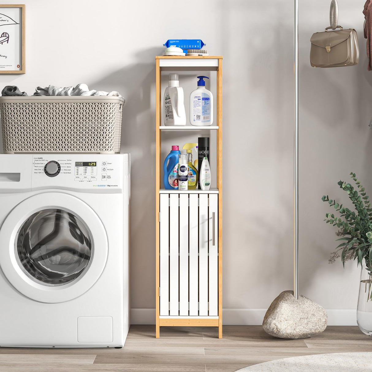 Tangkula Tall Bathroom Cabinet, Freestanding Narrow Storage Cabinet w/Door, Shelves & Adjustable Shelf, Slim Linen Tower Stand for Living Room Bathroom, 51" H, Natural Bamboo (White+Natural) Tangkula