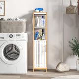 Tangkula Tall Bathroom Cabinet, Freestanding Narrow Storage Cabinet w/Door, Shelves & Adjustable Shelf, Slim Linen Tower Stand for Living Room Bathroom, 51" H, Natural Bamboo (White+Natural) Tangkula