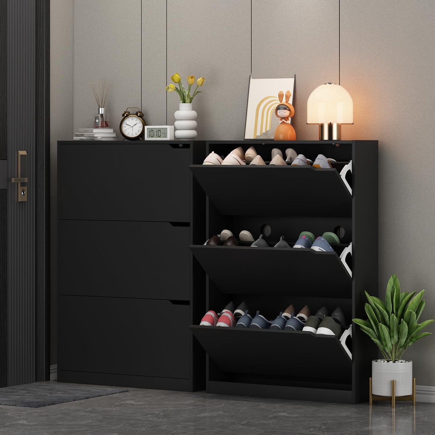 Wodeer Shoe Cabinet with 3 Flip Drawers,Wood Entryway Shoe Storage Cabinet,Freestanding Shoe Rack Storage Organizer for Entryway, Hallway, Black,9.33" D x 31.5" W x 47.2" H… - WoodArtSupply