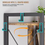 EDWINENE 4 Tier Corner Bookshelf, Industrial l Shaped Bookshelf with Metal Frame, Tall Corner Shelf Stand with 2 Hooks for Living Room, Bedroom, Home Office, Rustic Brown EDWINENE