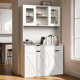 GTFURNI 71" Tall Kitchen Pantry Storage Cabinet Large Farmhouse Hutch Cabinet with Microwave Stand, Charging Station, Adjustable Shelves, Countertop for Dining Room, Living Room, White GTFURNI