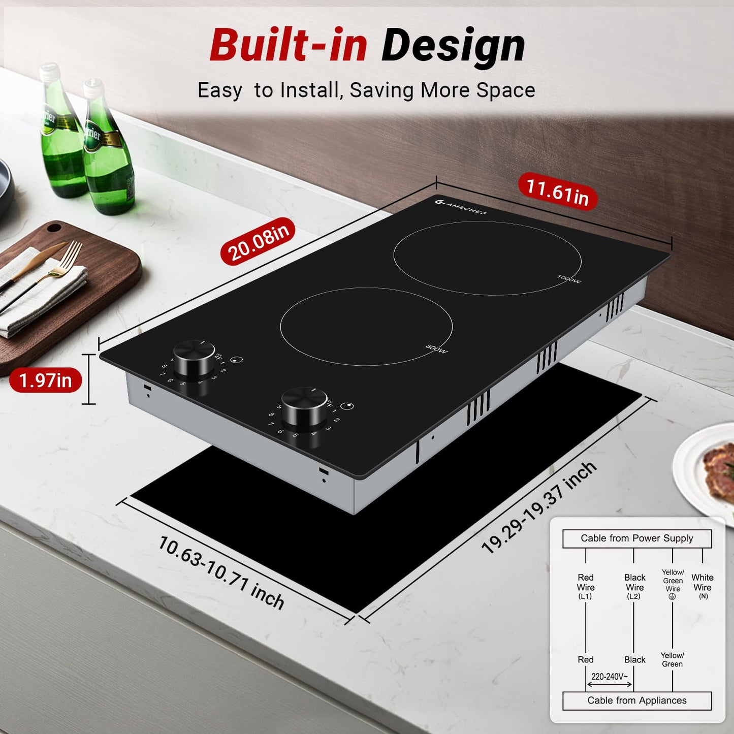 AMZCHEF 12Inch 2 Burner Electric Cooktop, 1800W/11Levels 2 Burners Stove Top With Knob Control Countertop & Built-in Radiant Electric Stove with Residual Heat Indicator