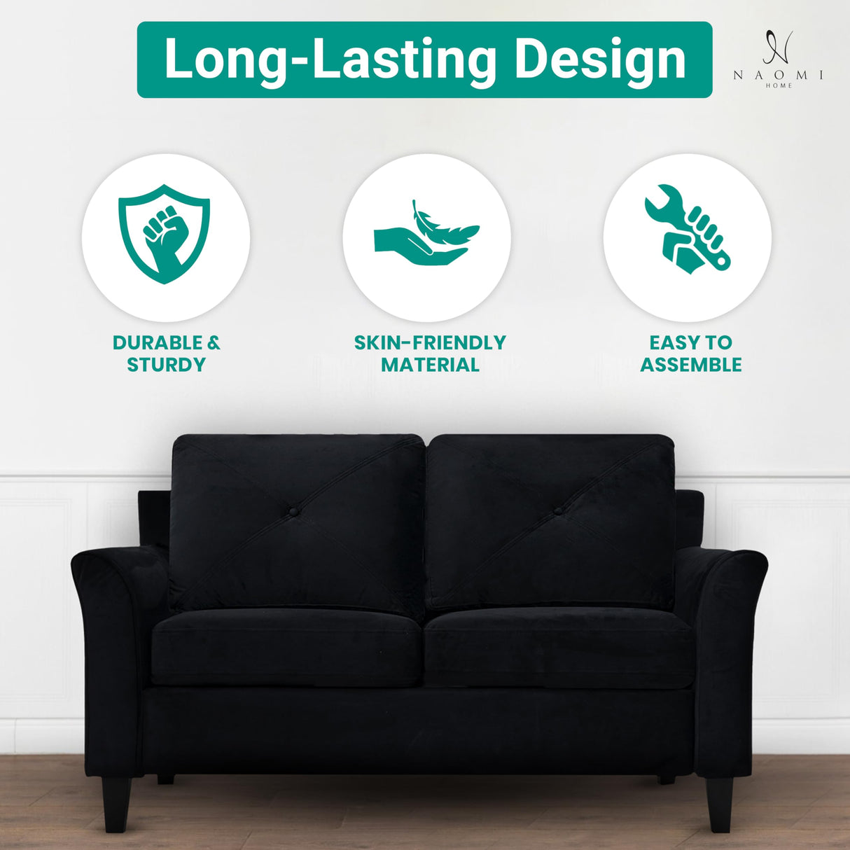 Raelynn Button Tufted Loveseat Affordable Black Loveseat for Budget-Conscious Buyers Microfiber Couch for Small Spaces Durable Sturdy Living Room Furniture Tool-Free Assembly and Easy Maintenance Naomi Home