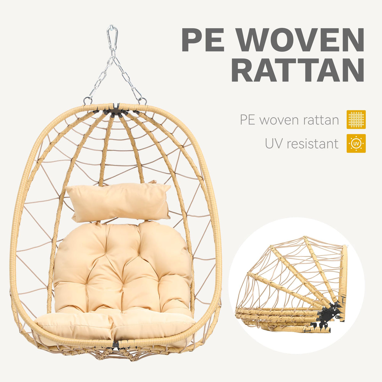 DWVO Egg Hanging Swing Chair with Stand Egg Chair Wicker Egg Chair with Cushions 330lbs for Patio, Bedroom, Garden and Balcony, Beige DWVO