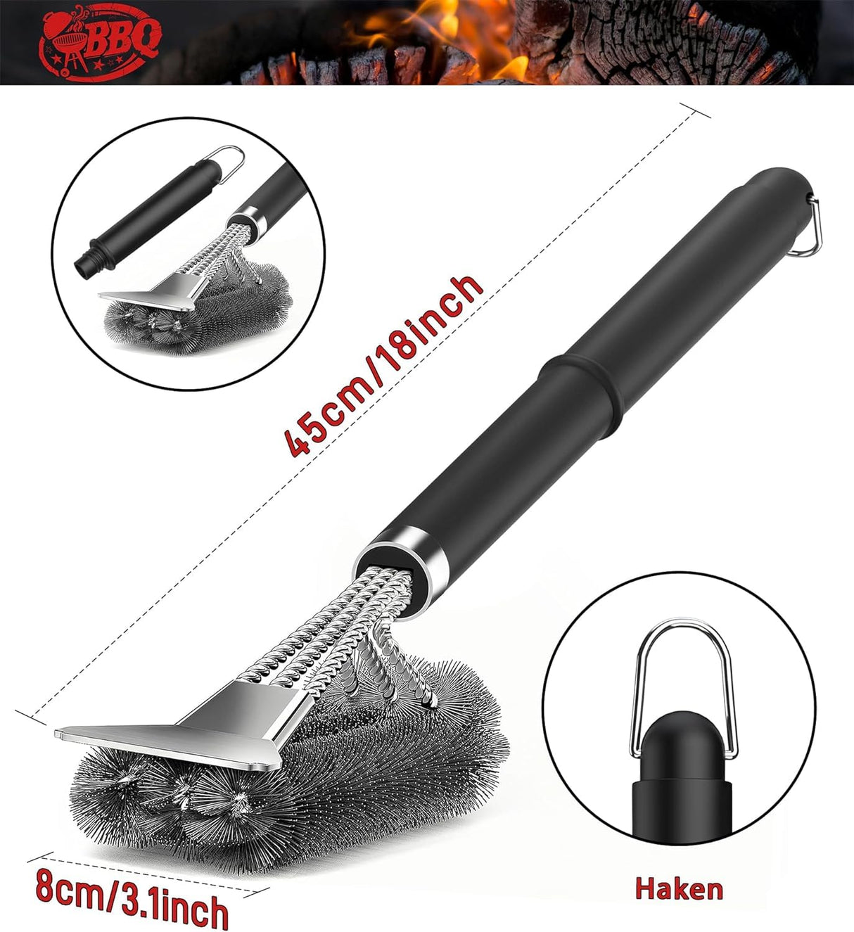 TNTOR Grill Brush with Scraper, 18" Adjustable Handle with Bottle Opener BBQ Grill Brush for Outdoor Grill/Smoker/Gas and Charcoal Grill Cleaning WoodArtSupply