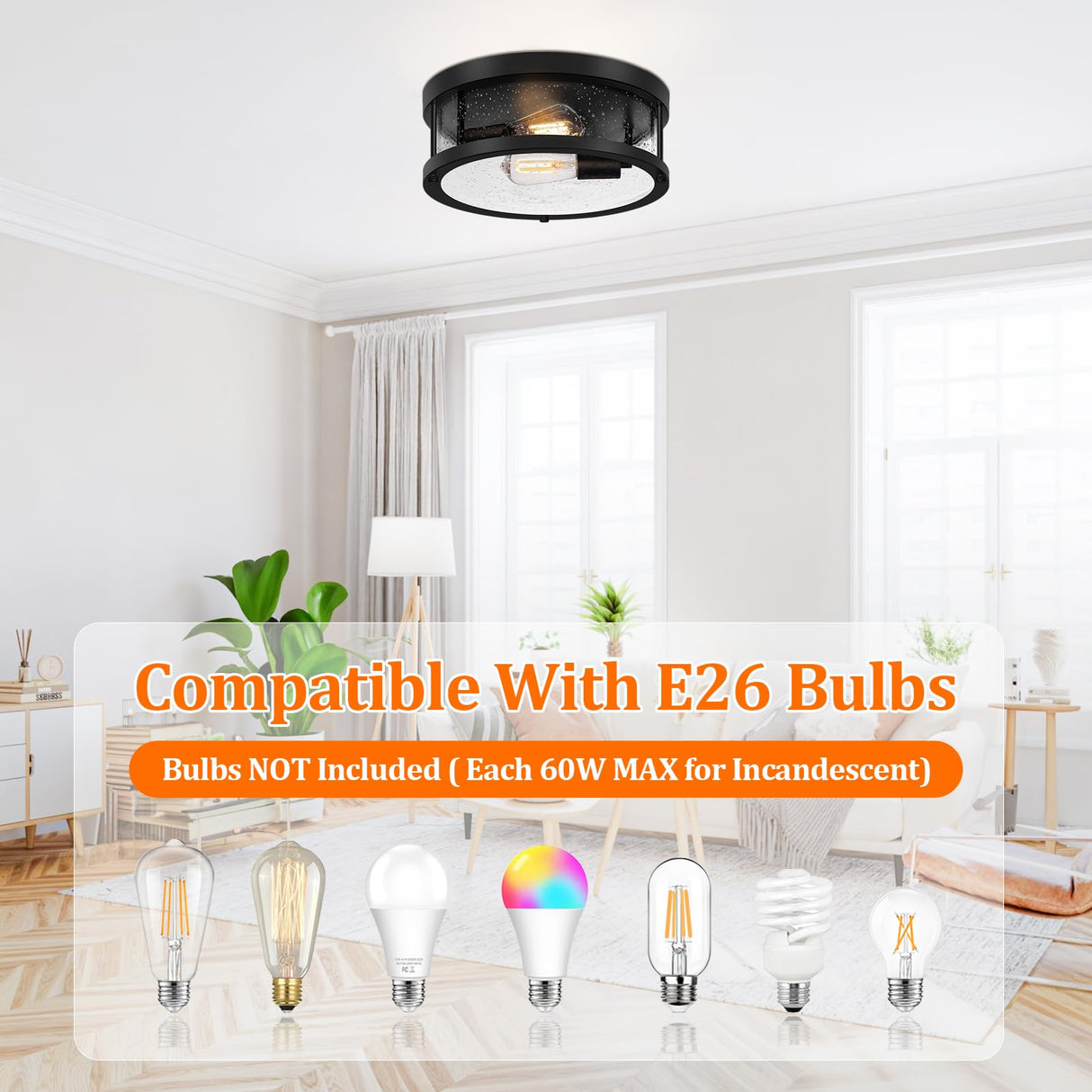 Black Flush Mount Ceiling Light Fixture, Farmhouse Light Fixture with Seeded Glass Lampshade, 2-Light Industrial Close to Ceiling Light Fixture for Hallway, Kitchen, Entryway, Foyer(Bulb Not Included) Brightever