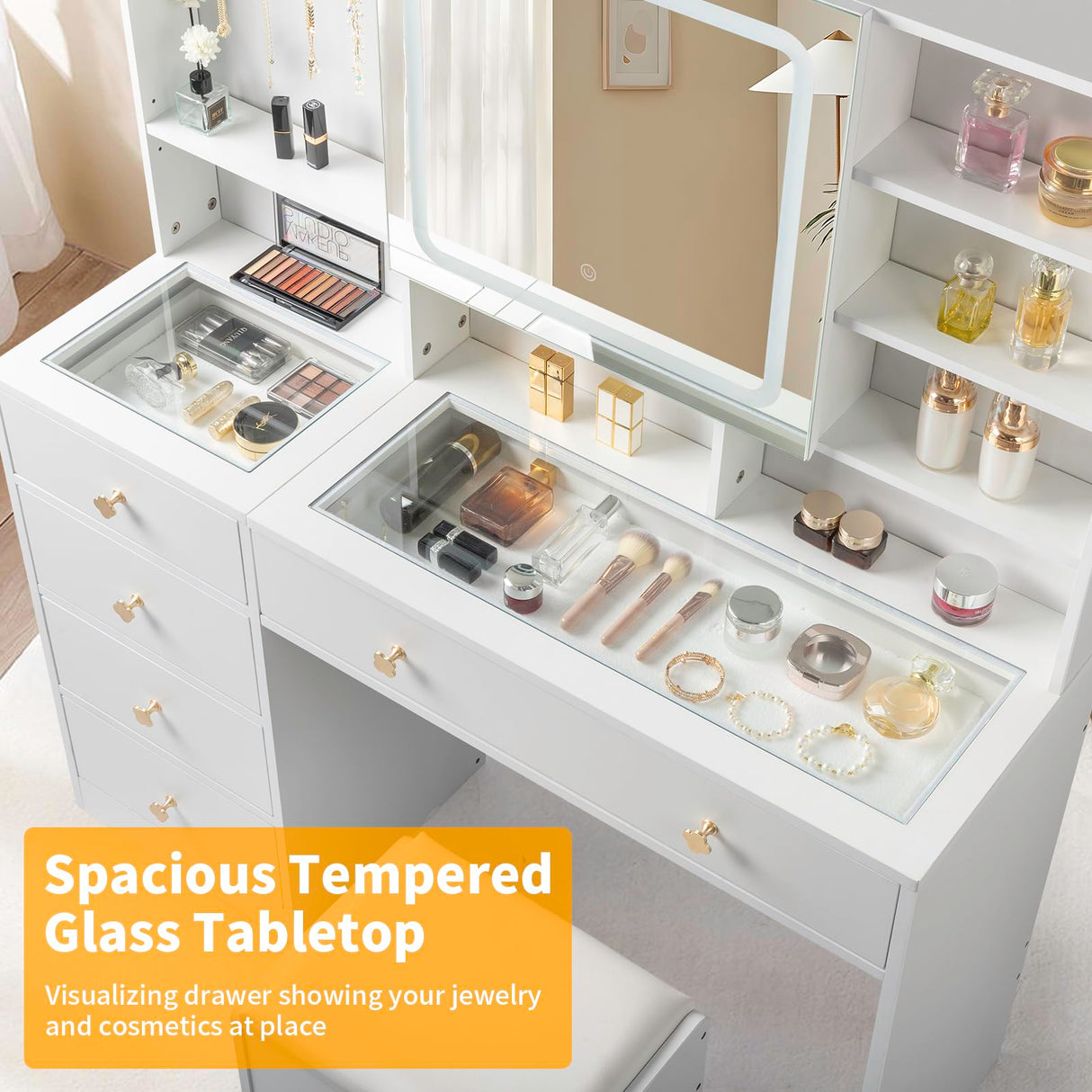 Karl home Makeup Vanity with Lighted Mirror Bedroom Vanity Desk with Charging Station Large Vanity Set with Transparent Desk, Drawers, Cabinet, Shelves for Storage in Bedroom, White Karl home