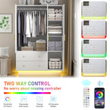 jiteentarou 3 Door Wardrobe Closet with Mirror & LED Lights, Bedroom Armoire with Drawers & Shelves, Modern Wooden Armoire Wardrobe Closet with Hanging Rod for Bedroom, White jiteentarou