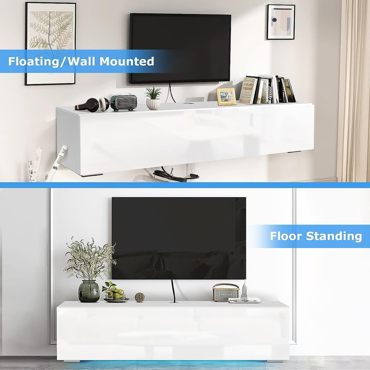 HOMMPA Floating TV Stand with Led Light for 63 Inch TVs Wall Mounted Led Entertainment Center with High Gloss Storage Modern Floor White Mounted Media Console for Living Room HOMMPA