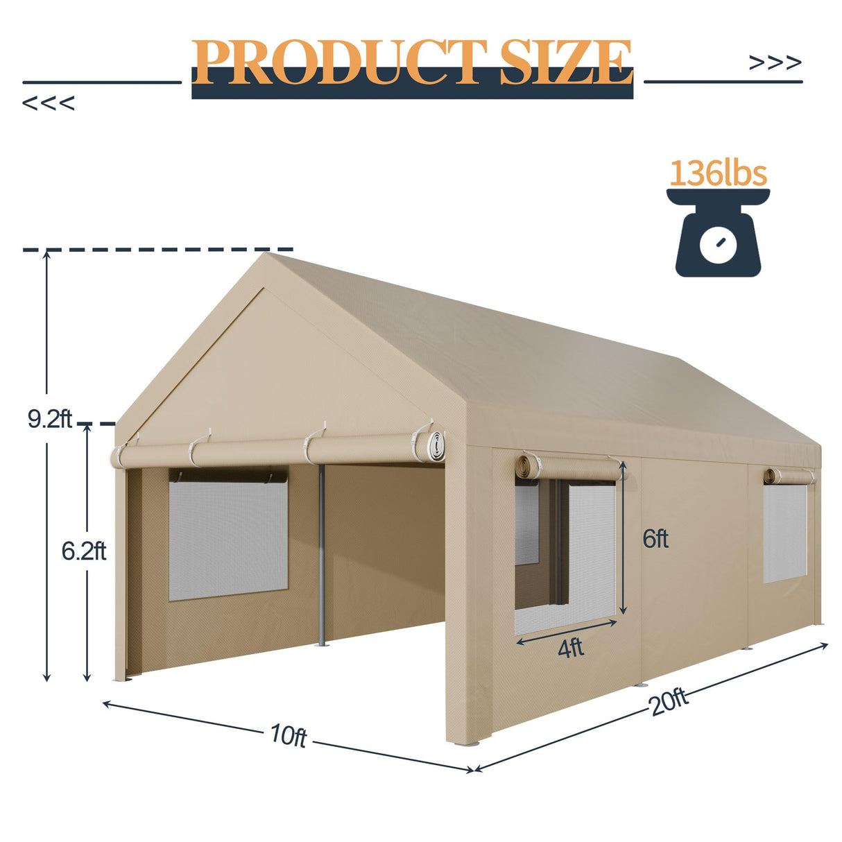 Shintenchi Carport 10' x 20' Heavy Duty Portable Garage, Car Port Canopy with Side-Opening Removable Door & Roll-Up Windows, Car Canopy for Truck, Boat, Motorcycle, Khaki Shintenchi