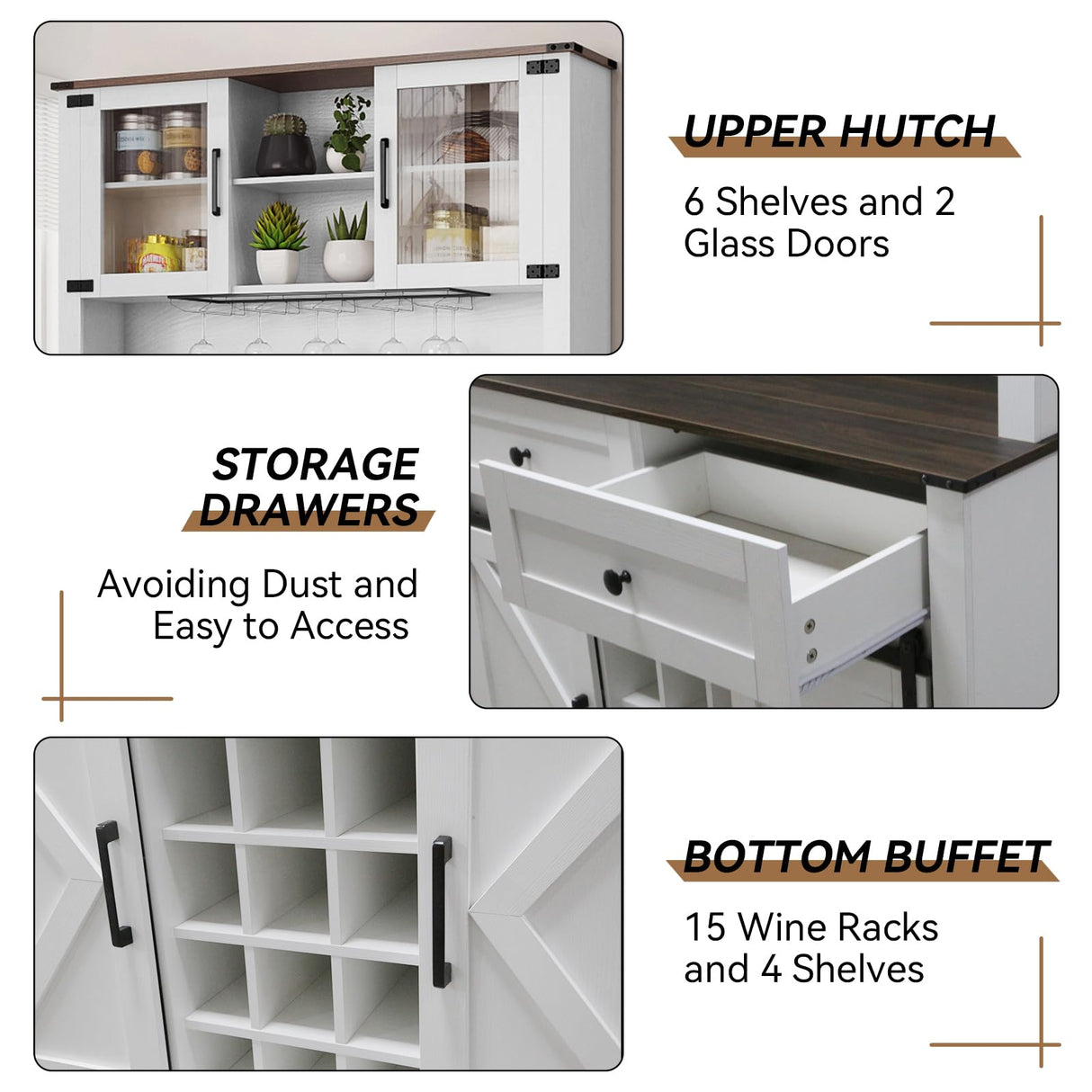 ARTPOWER Wine Bar Cabinet with Sliding Barn Door, 72" Hutch Cabinet with Wine&Glasses Rack, Tall Farmhouse Kitchen Pantry Buffet with Drawers for Dining Room, White ARTPOWER