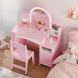 MU Kids Vanity with Lights, Princess Makeup Vanity Desk with Open Bookshelf, Storage Cabinet & Shelves, 2 in 1 Toddler Vanity Table & Chair Set with Lighted Mirror for Little Girls, Pink MU