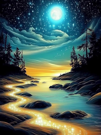 Moon Beach Diamond Art Kit for Adults,5D Full Drill Round Diamond Dot Painting for Beginners,DIY Paint with Diamond Beach Gem Art Painting Adult Crafts for Wall Decor 12x16Inch