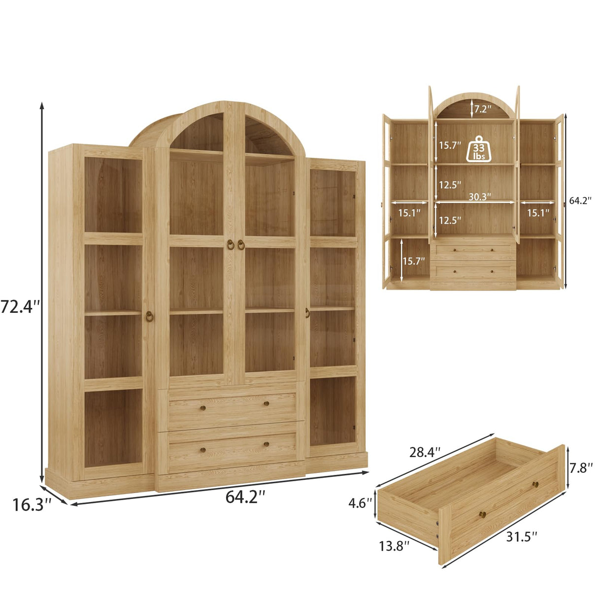 UKAOCAI 72.4" Tall Farmhouse Display Cabinet with Glass Doors,Large Wood Bookshelf with 2 Drawers & Adjustable Shelves,Arched Kitchen Pantry,for Living Room, Dining Room, Kitchen UKAOCAI