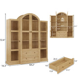 UKAOCAI 72.4" Tall Farmhouse Display Cabinet with Glass Doors,Large Wood Bookshelf with 2 Drawers & Adjustable Shelves,Arched Kitchen Pantry,for Living Room, Dining Room, Kitchen UKAOCAI