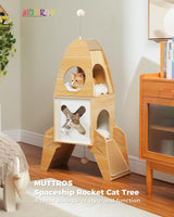 MUTTROS Modern Cat Tree Rocket Ship, Wood Cat Tower for Indoor Cats, 47" Multilevel Wooden Cat Furniture with 2 Condos, Dangling Balls, Sisal Scratcher Pads, Cute Cat Tree Kitten Playground MUTTROS