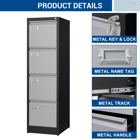 Fesbos File Cabinets - 4 Drawers Vertical 17.8" Deep Lockable Filing Cabinet - Black & Gray Metal Storage Cabinets for Home Office to Hanging Files Letter/Legal/F4/A4 Size Fesbos