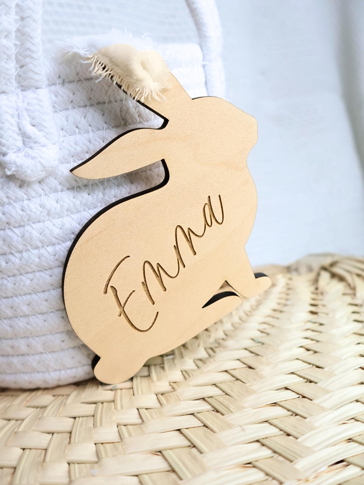 Personalized Easter Bunny Rabbit Basket Tag, Engraved Bunny-Shaped Wooden Placecard Name Tag For Kids - WoodArtSupply