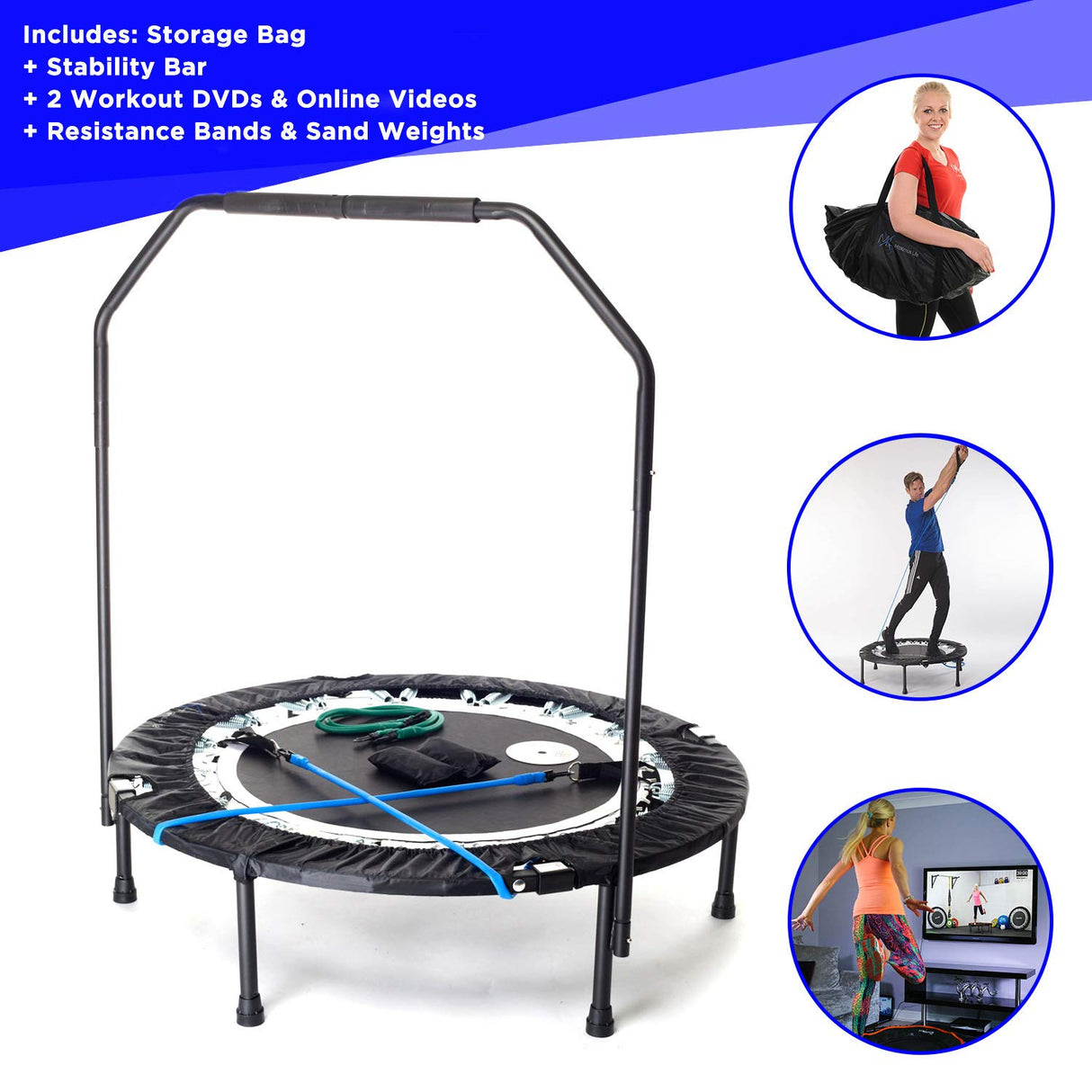 Maximus PRO Folding Rebounder USA | Voted #1 Indoor Exercise Mini Trampoline for Adults with Bar | Fitness & Weight Loss| Free Storage Bag, Resistance Bands, Online & DVD Workouts | Already Assembled MXL MaXimus Life