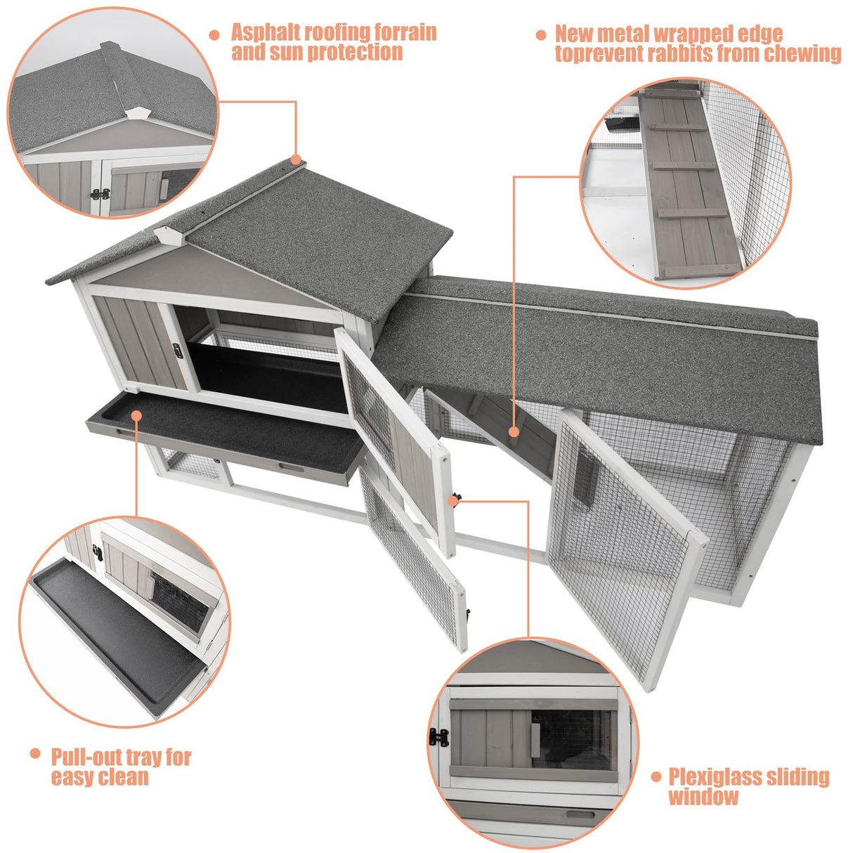 Gowoodhut Rabbit Hutch Indoor Outdoor 57 "L Bunny Hutch with Pull Out Tray,2 Story Wooden Rabbit Cage with Asphalt Roof,Guinea Pig Cage with Ventilation Doors,Ramp for Small Animals(Grey) Gowoodhut