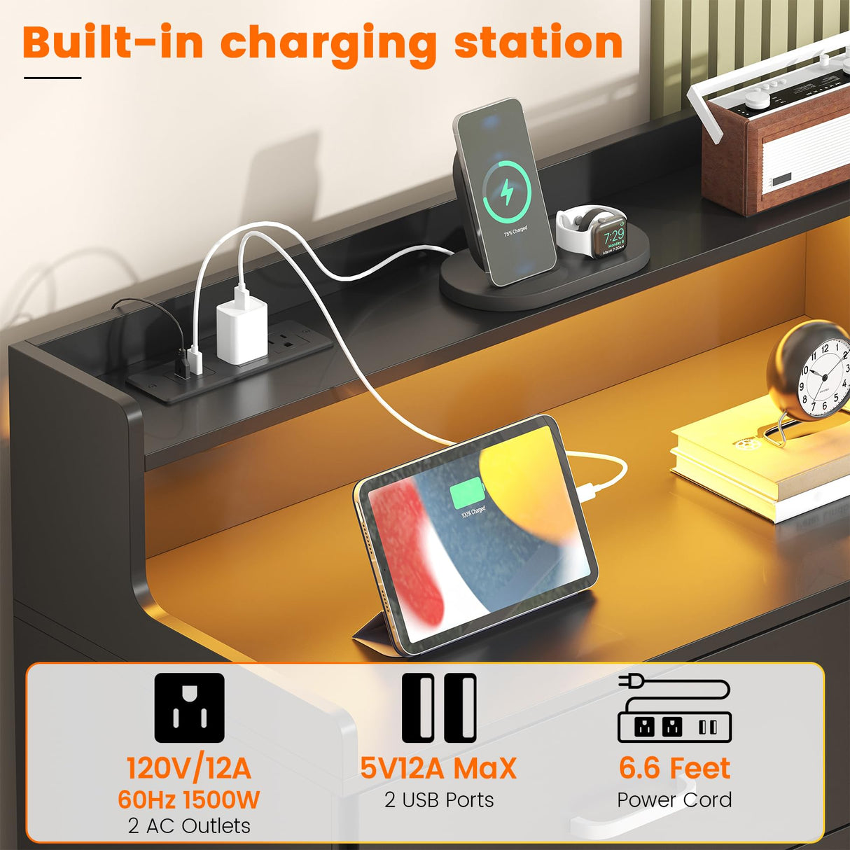 Bigbiglife 9 Drawer Dresser with Built in Power Outlet and LED Light, Modern Chest of Drawers for Bedroom, Triple Wide Drawer Organizer Cabinet for Living Room, Entryway, Hallway, Black Bigbiglife