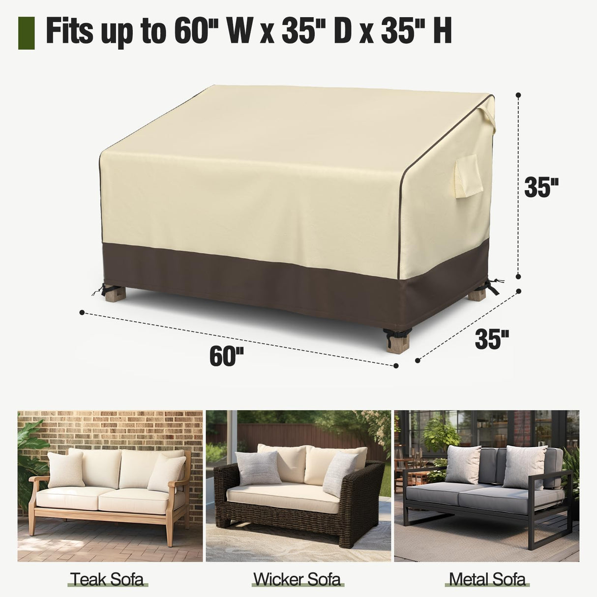 MR. COVER Outdoor Couch Cover Waterproof, Patio Furniture Covers for 2-Seater Couch, Fits up to 60"W x 35"D x 35"H, Moisture-proof & UV-protection, Brown & Khaki MR. COVER