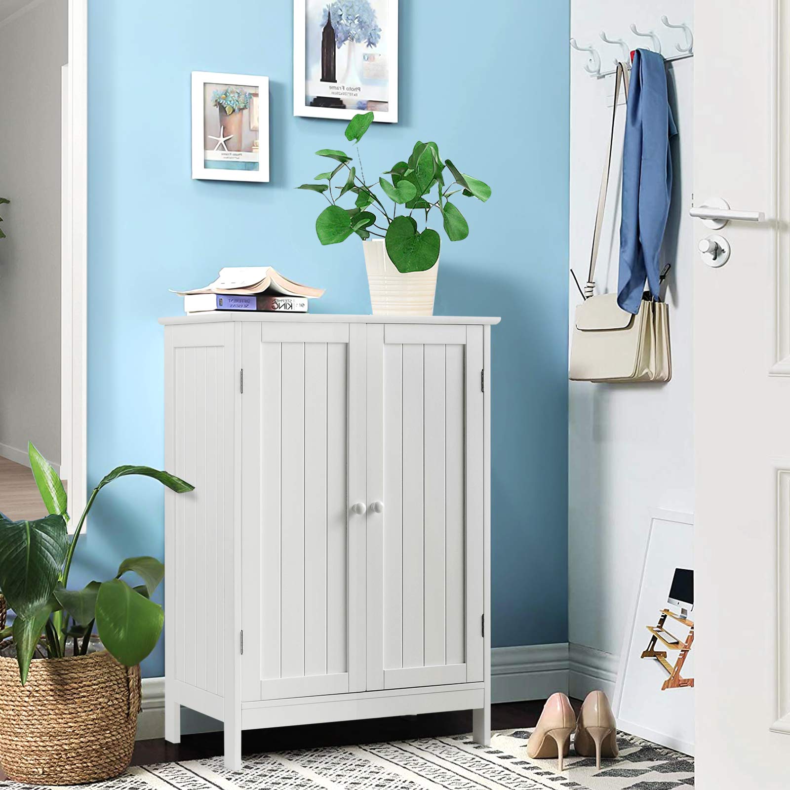 Tangkula Bathroom Floor Cabinet, Freestanding Storage Cabinet with Double Doors and Shelf, Modern Home Furniture, Wooden Home Organizer for Living Room, Bathroom Cabinet, White - WoodArtSupply