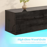 AMERLIFE 70" Floating TV Stand with LED Lights and Power Outlet, High Gloss Wooden Texture Wall Mounted Media Console Entertainment Center for TVs Up to 80", Black AMERLIFE