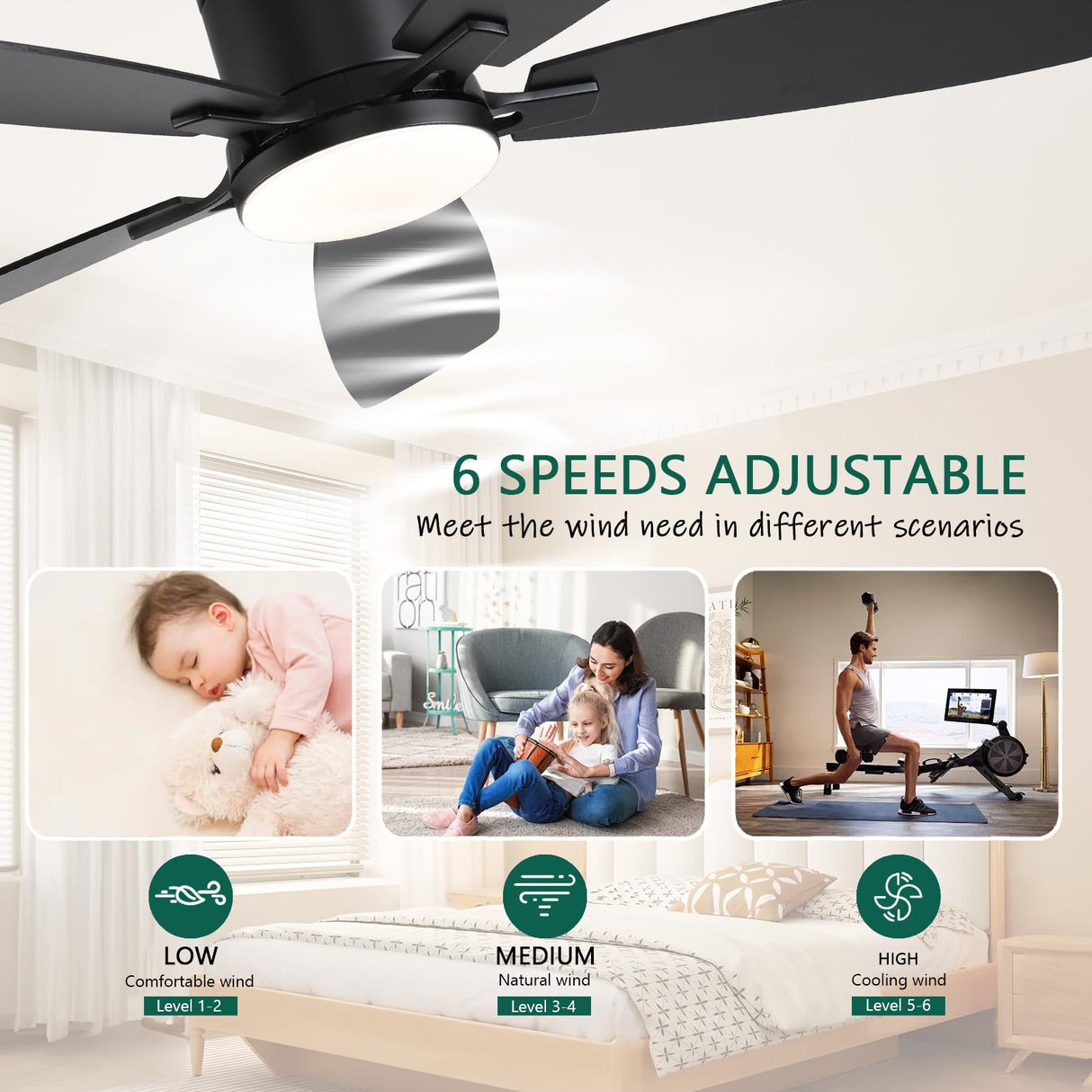 52inch Ceiling Fans with Lights, Low Profile Ceiling Fan with Light and Remote/APP Control, Flush Mount, Reversible Motor, Dimmable LED, Noiseless, Black Ceiling Fan for Bedroom Indoor Outdoor Use FUMLTP