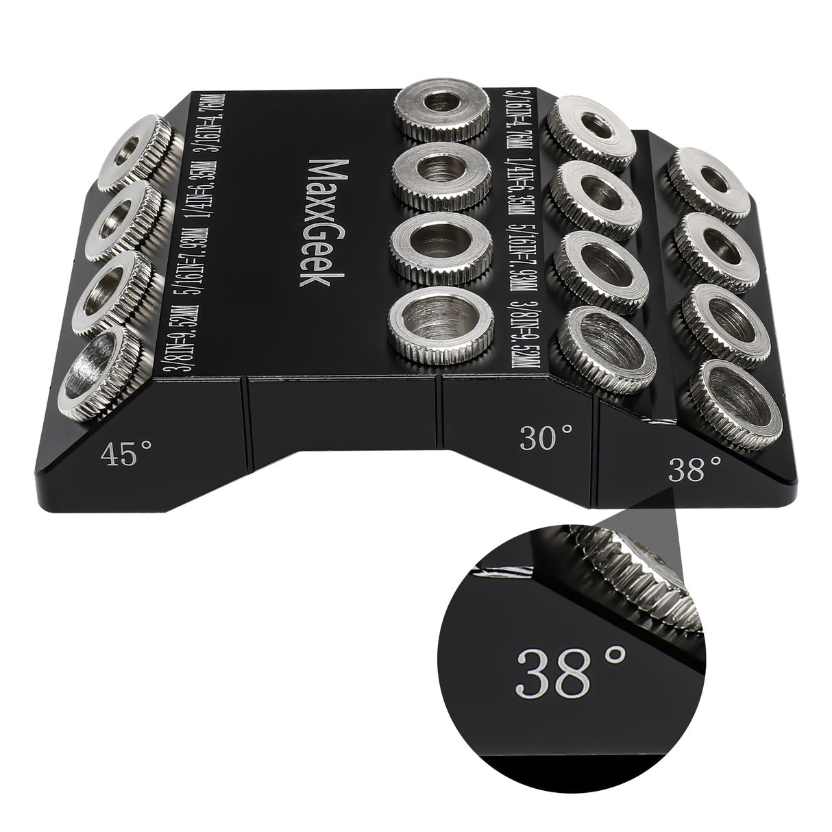 MaxxGeek Drill Guide for 30 38 45 90 Degree Angled and Straight Holes, Added 38 Degree Portable Drill Guide for Deck Stair Handrail and Horizontal Cable Wood Post （Without Drill Bit） MaxxGeek